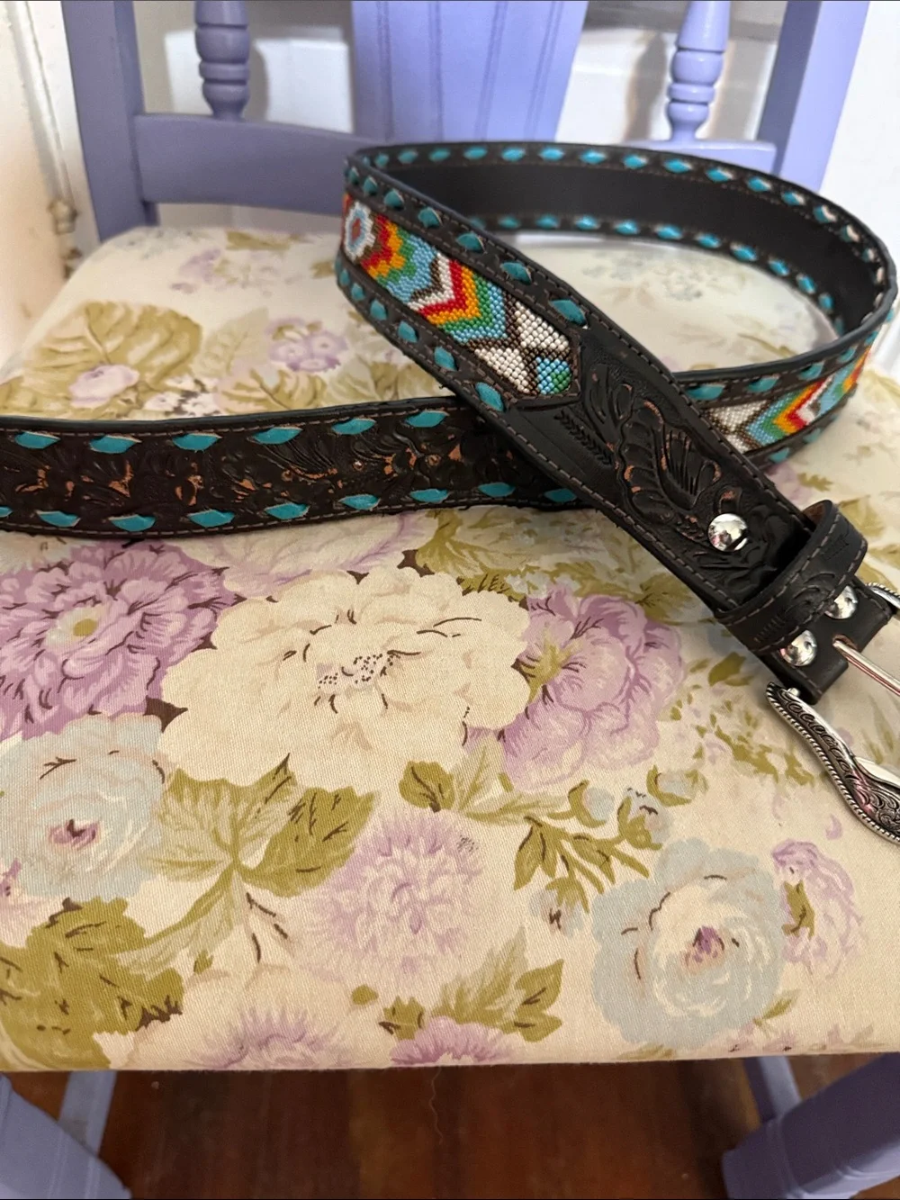 Nocona Turquoise Red Orange Patterned Leather Belt